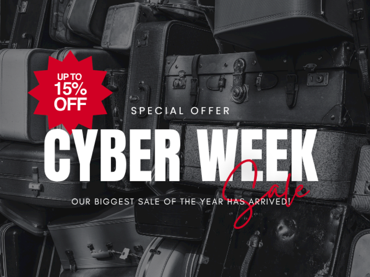 The image promotes a "Cyber Week Sale" with up to 15% off, featuring stacked luggage in the background.