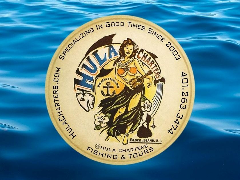 A gold circular logo with a dancing figure on a boat, surrounded by text; it floats over blue ocean water, waves visible around it.
