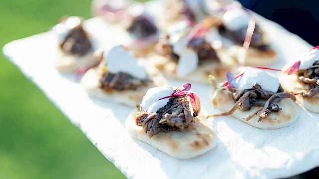 Someone carrying a tray of bite-sized desserts on a paper towel outdoors, with blurred green grass in the background.