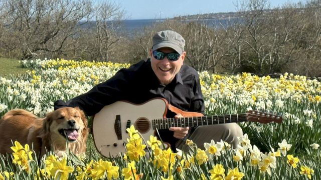 A man with a guitar sits among a field of yellow daffodils with a happy dog, scenic blue sky and distant trees in bloom.