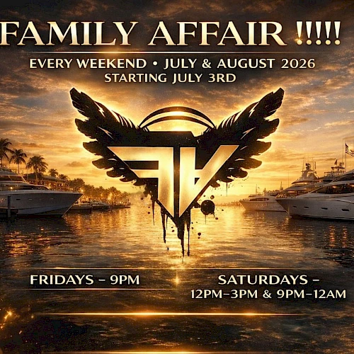 A flyer for a party called &ldquo;FAMILY AFFAIR&rdquo; at Champlin&rsquo;s Resort, with wings logo, sunset background, event times, and dates. Always ending the sentence.