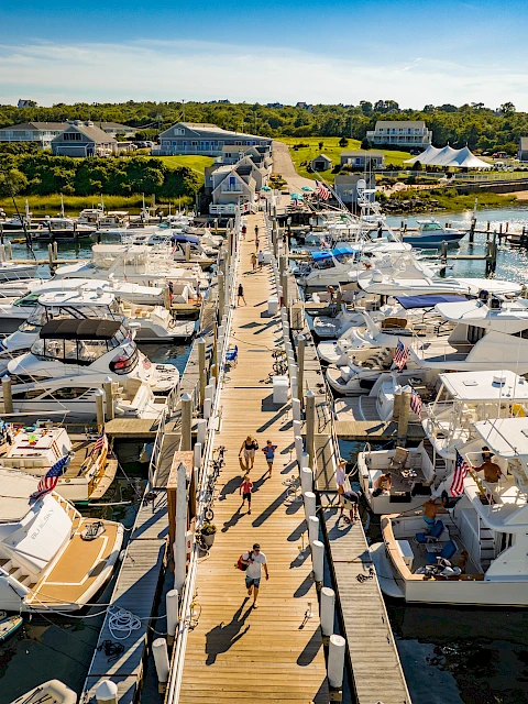 A bustling marina with boats docked on both sides of a long wooden pier, people strolling along, bright blue sky, and calm waterfront.
