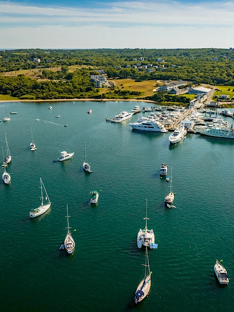 Aerial view of a marina with numerous boats anchored in calm blue water, a pier extending to shore, and green countryside beyond.
