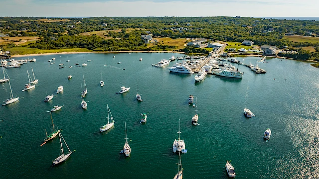 Aerial view of a marina with numerous boats anchored in calm blue water, a pier extending to shore, and green countryside beyond.