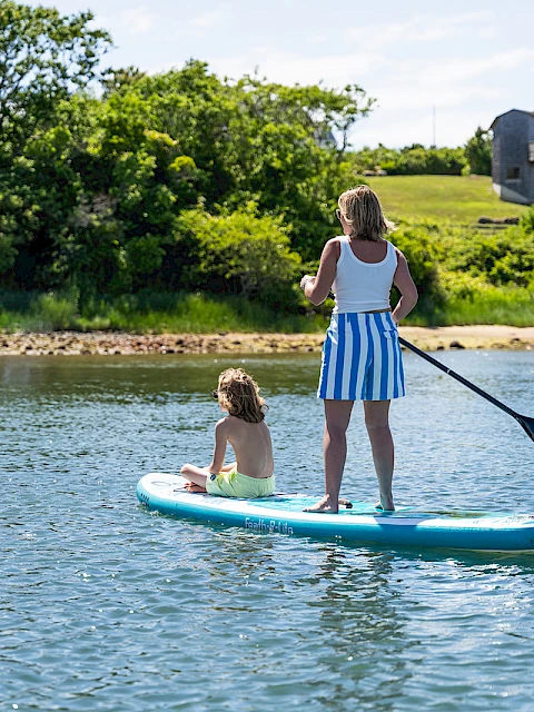Two people stand on a paddleboard in calm water: an adult woman with a paddle and a child sitting at the front, near a green shoreline with houses in the background.