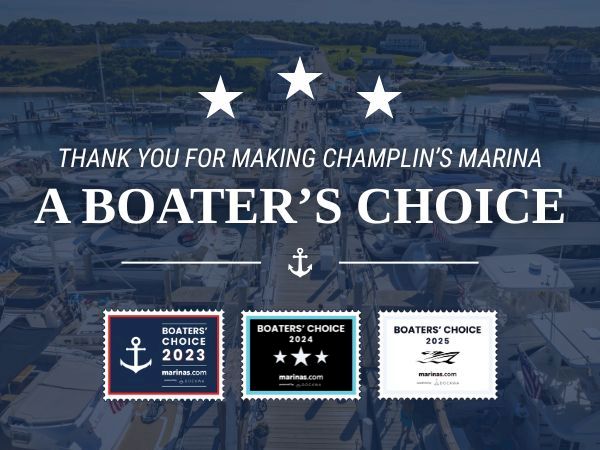 A marina marketing graphic showing &ldquo;A Boater&rsquo;s Choice&rdquo; with three award stamps for 2023, 2024, and 2025.